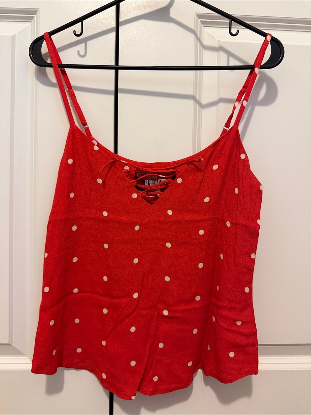 Reformation Red Polka Dot Lace-Up Spaghetti Strap Cami